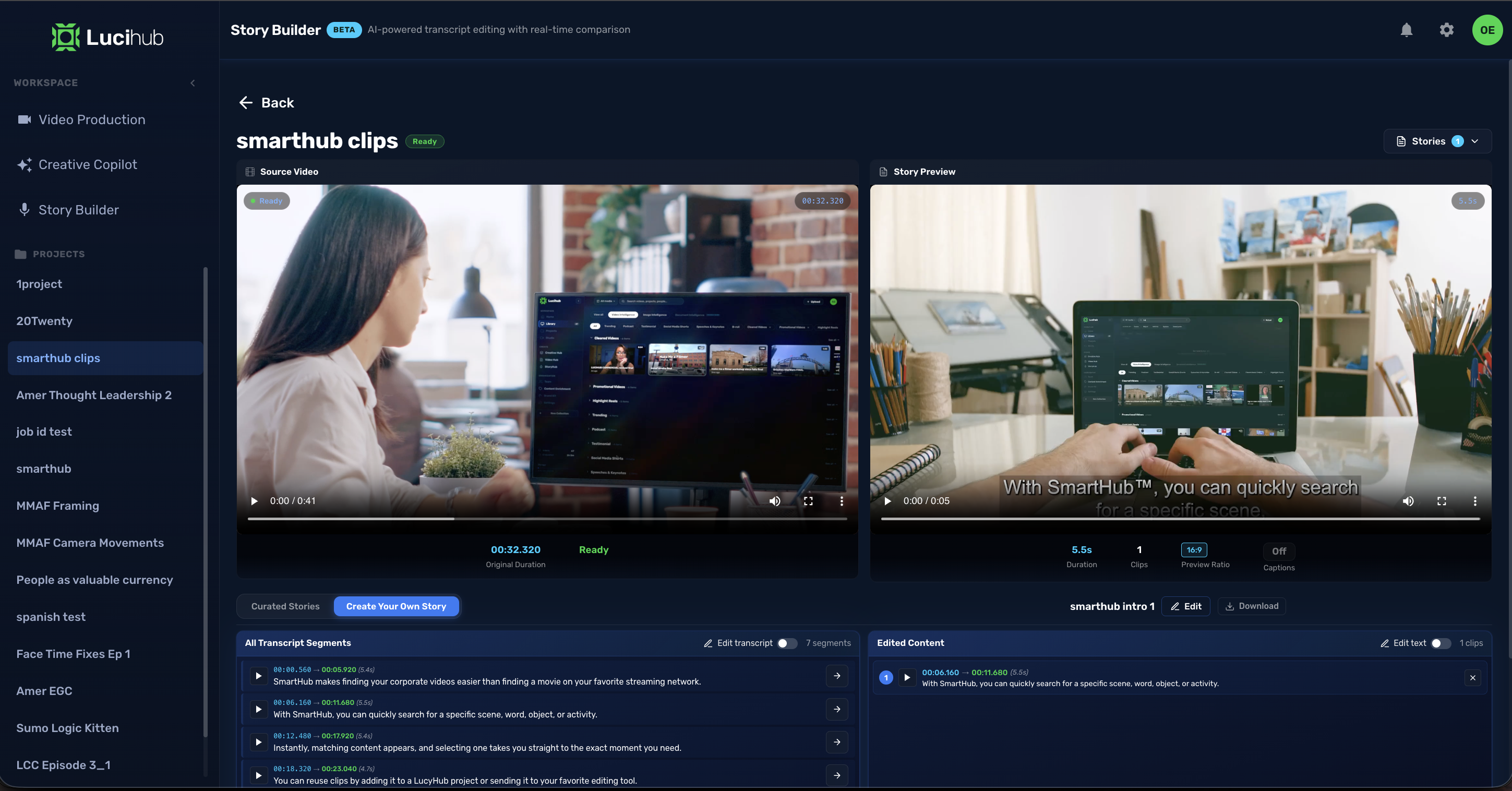 Story Builder transcript editing interface