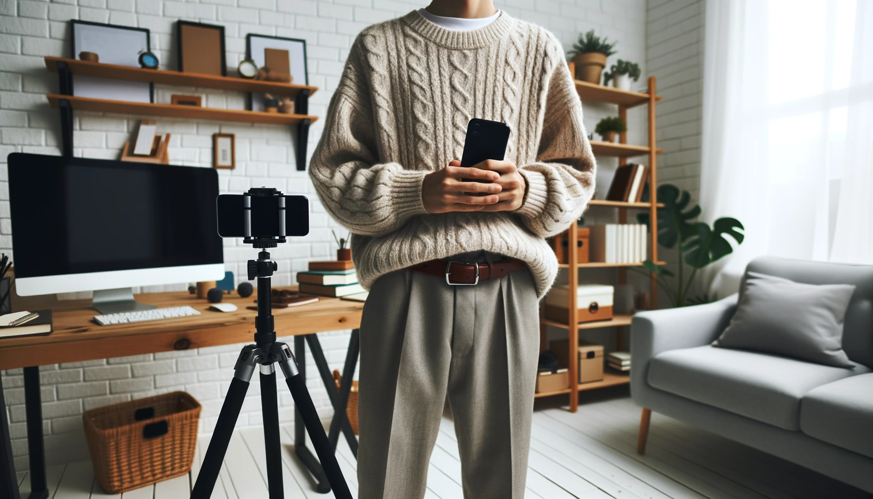 DALL·E 2023-10-18 20.15.01 - Photo consistent with the style and colors of the previous images, presenting an employee dressed in a cozy sweater and pants in a home office setting